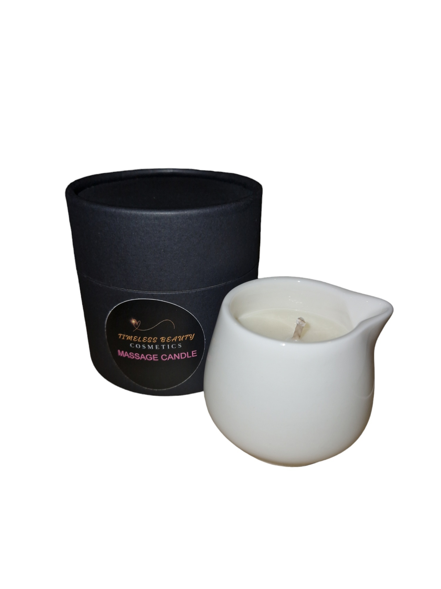 Tranquillity Relax Massage Candle in a white jar next to black packaging, ideal for spa-like relaxation.